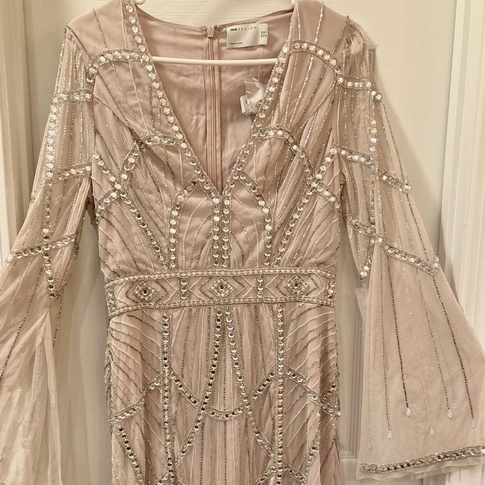 ASOS DESIGN gem embellished midi dress with cut out detail and slit sleeve-blush